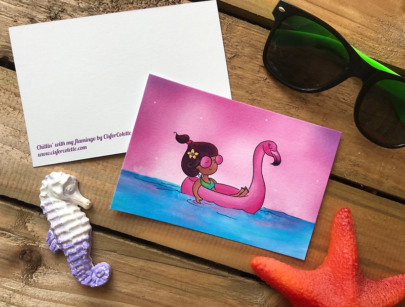 Chillin' with my flamingo postcard - 卡片/明信片 - 纸 粉红色