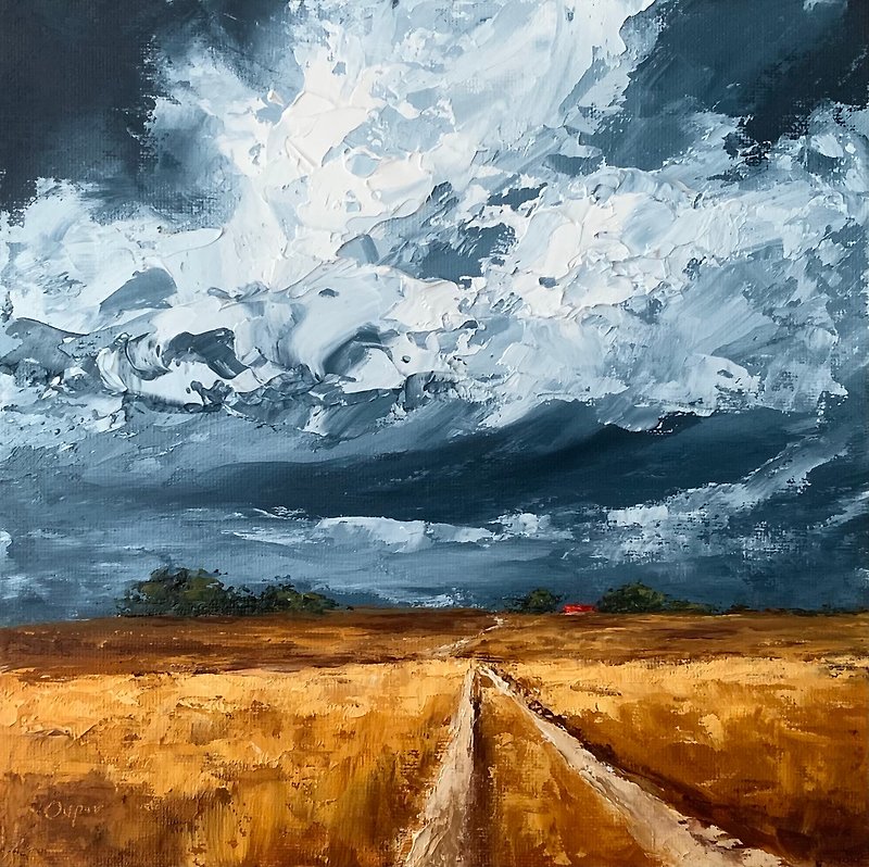 Original Stormy Landscape Yellow Field Oil Painting On Canvas Textured Impasto