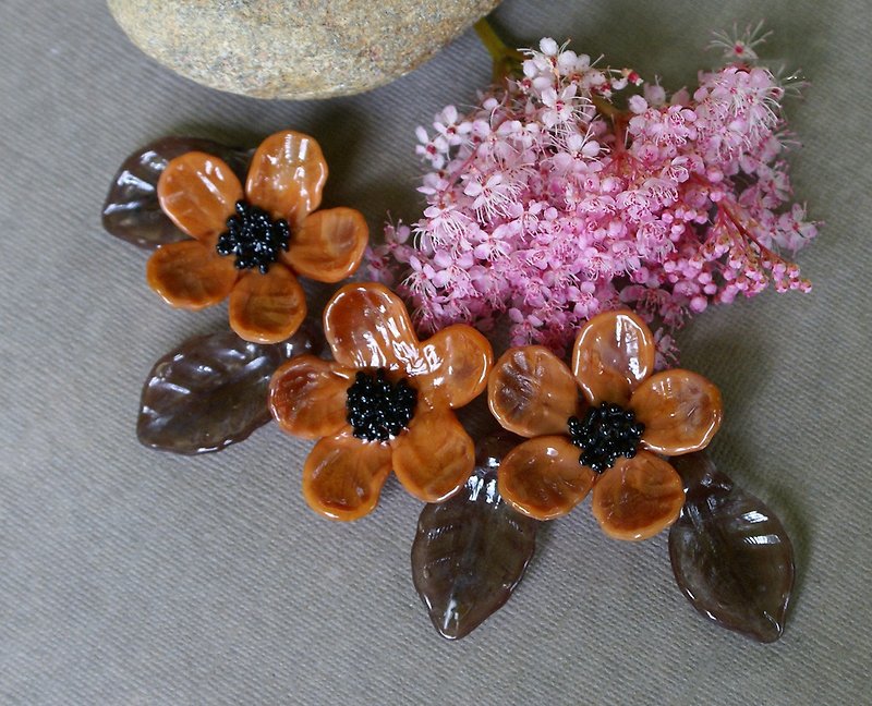 Handmade lampwork brown flower beads, artisan floral glass beads set - 陶艺 - 玻璃 咖啡色