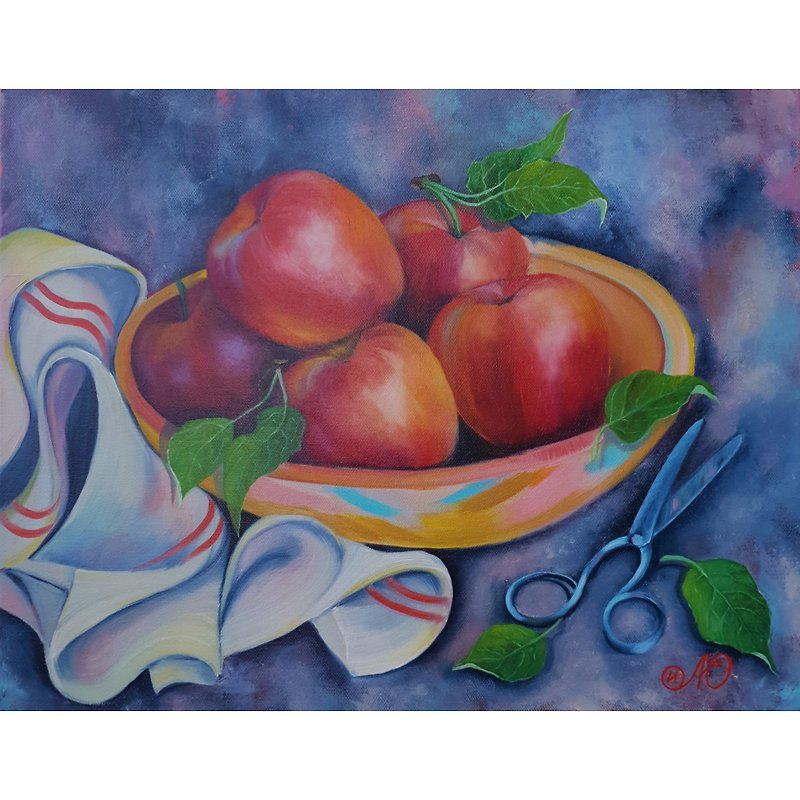 Apple Painting Fruit Original Art Kitchen Artwork Still Life Canvas Oil Painting - 海报/装饰画/版画 - 棉．麻 多色