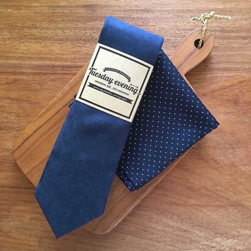 Blue Flannel Tie Set (Polka dot) - 领带/领带夹 - 棉．麻 蓝色
