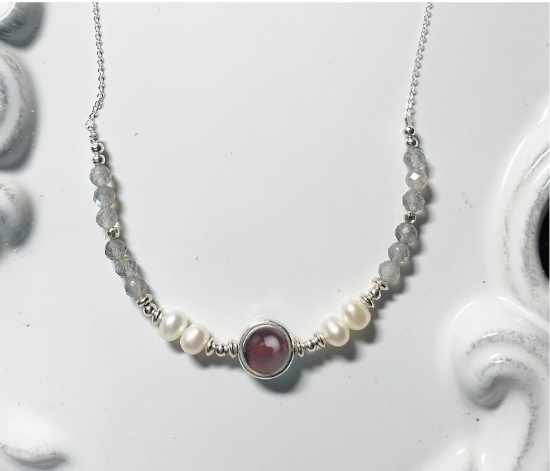 红石榴珍珠 925银锁骨练 - 项链 - 半宝石 红色