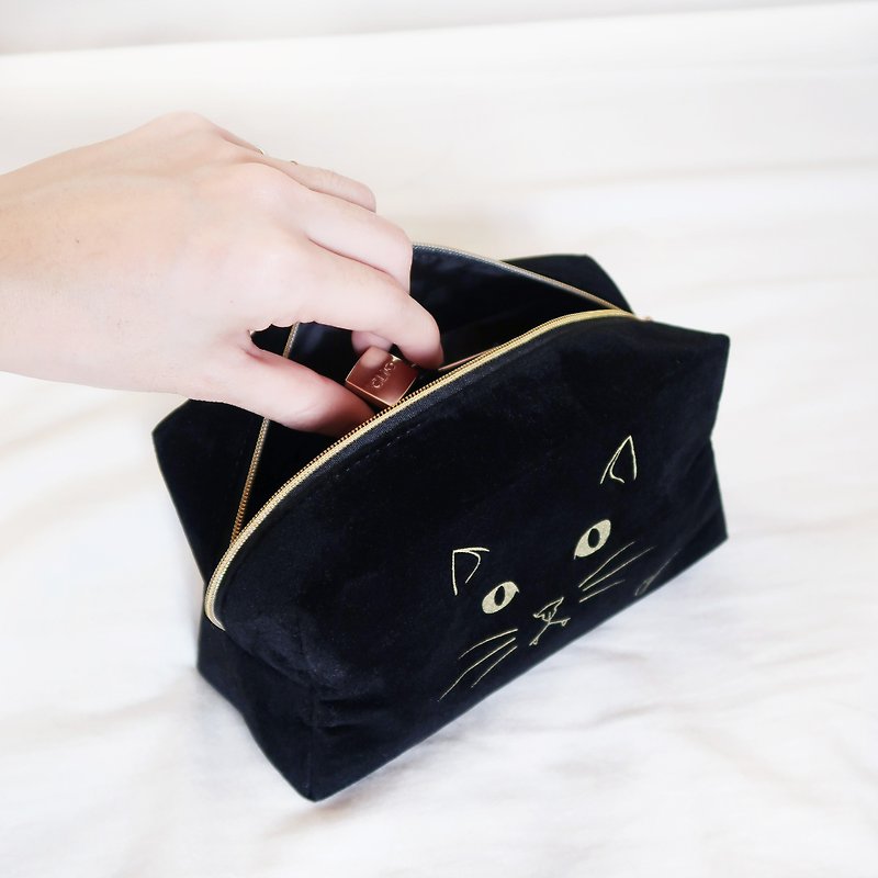 圣诞 交换礼物 猫咪系列-质感绒布烫金猫咪化妆包 / 黑猫 - 化妆包/杂物包 - 其他材质 黑色