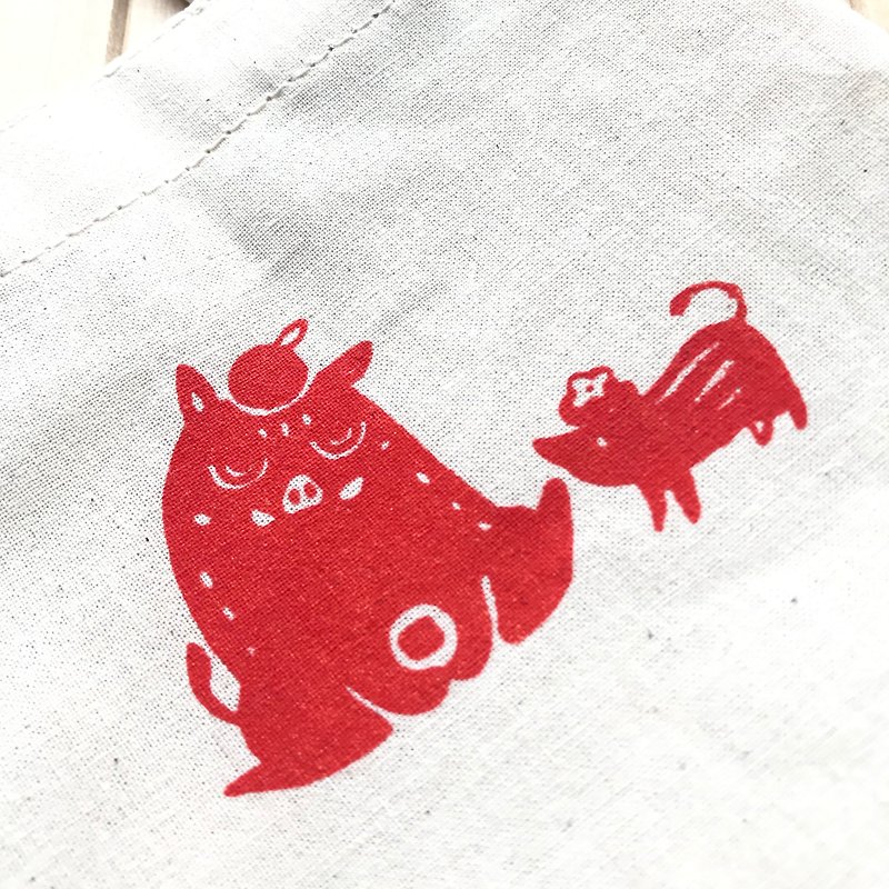 猪柿大桔绢印小提袋 - 手提包/手提袋 - 棉．麻 红色