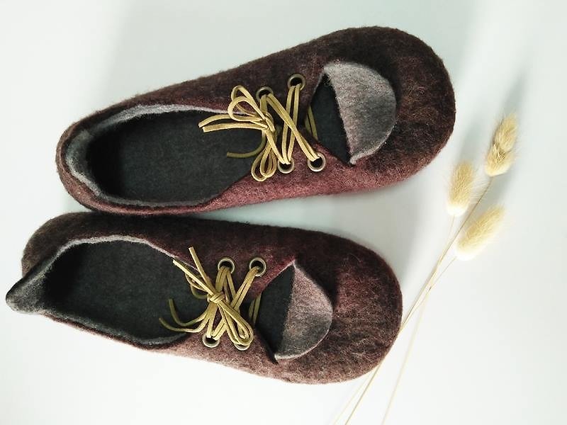 miniyue 羊毛毡大人鞋 深咖啡色 绑带娃娃鞋 台湾制造 限量手工 - 女款休闲鞋 - 羊毛 咖啡色