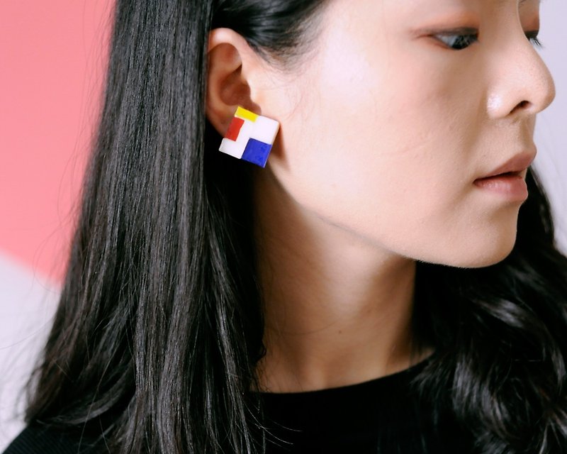 蒙德里安红黄蓝系列彩色玻璃马赛克耳钉/耳夹 手工制作 几何图案 - 耳环/耳夹 - 玻璃 