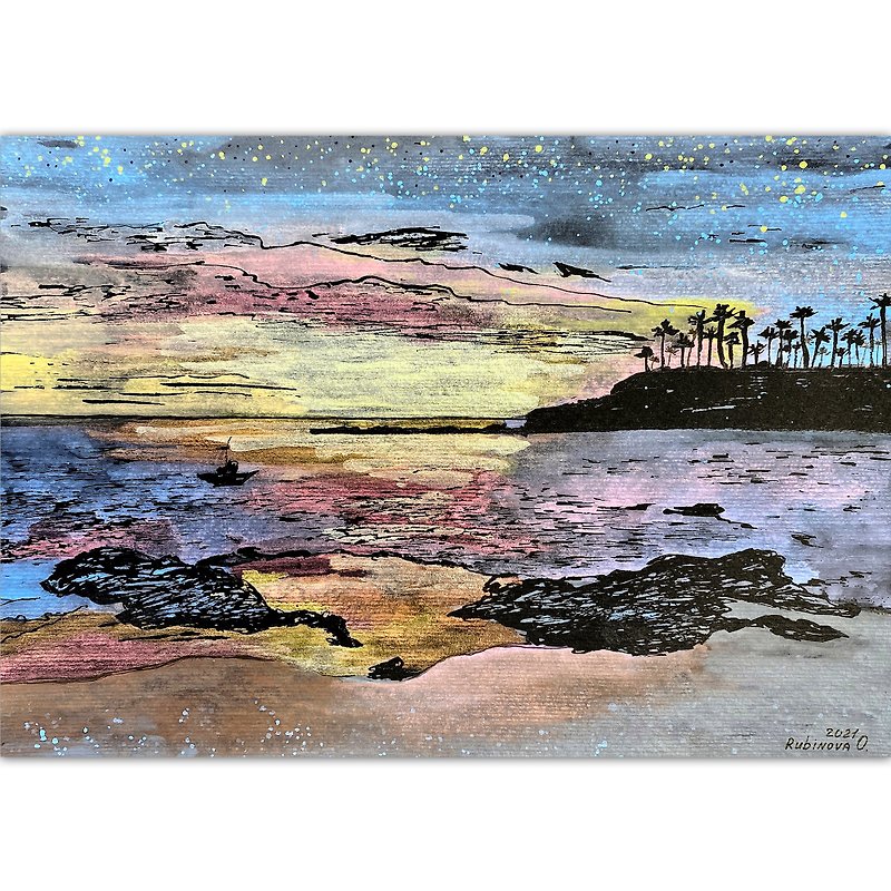 Laguna beach painting Original watercolor Sea sunset artwork Shimmering 水彩画 - 海报/装饰画/版画 - 纸 多色