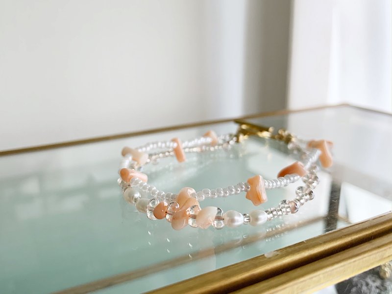 珊瑚と淡水パールの2連ブレスレッド - 手链/手环 - 宝石 粉红色