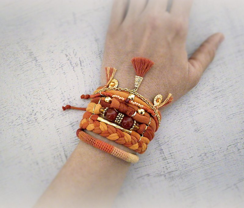 Multi Layer Fiery Orange Boho Bohemian Gypsy Tassel Bracelet Set - 手链/手环 - 棉．麻 橘色
