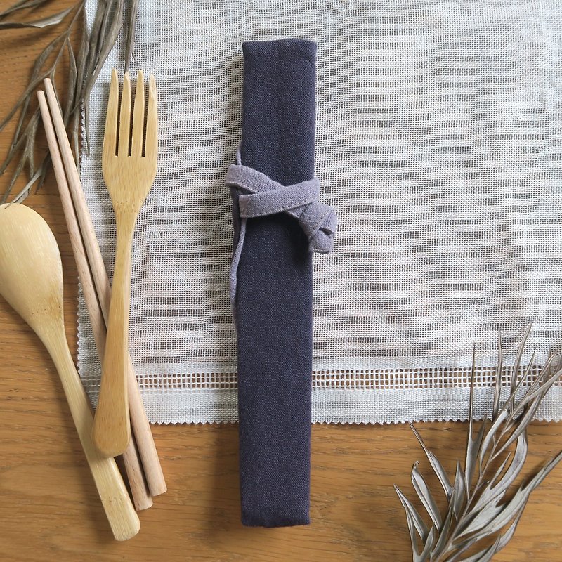 棉麻餐具收纳袋-餐具行囊 | 窄版 | 海军蓝x灰紫 - 筷子/筷架 - 棉．麻 蓝色