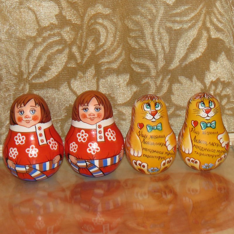 Roly Poly 木制音乐摇摆娃娃 - 红猫&俄罗斯男孩响铃婴儿玩具 - 玩具/玩偶 - 木头 