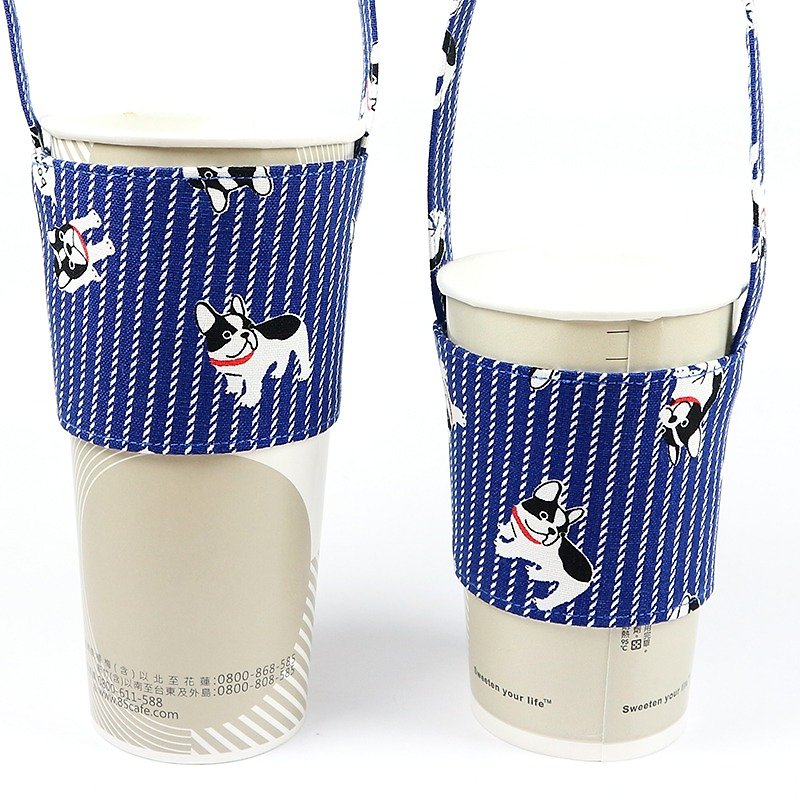 饮料杯套 环保杯套 提袋- 线条斗牛犬(蓝) - 随行杯提袋/水壶袋 - 棉．麻 蓝色