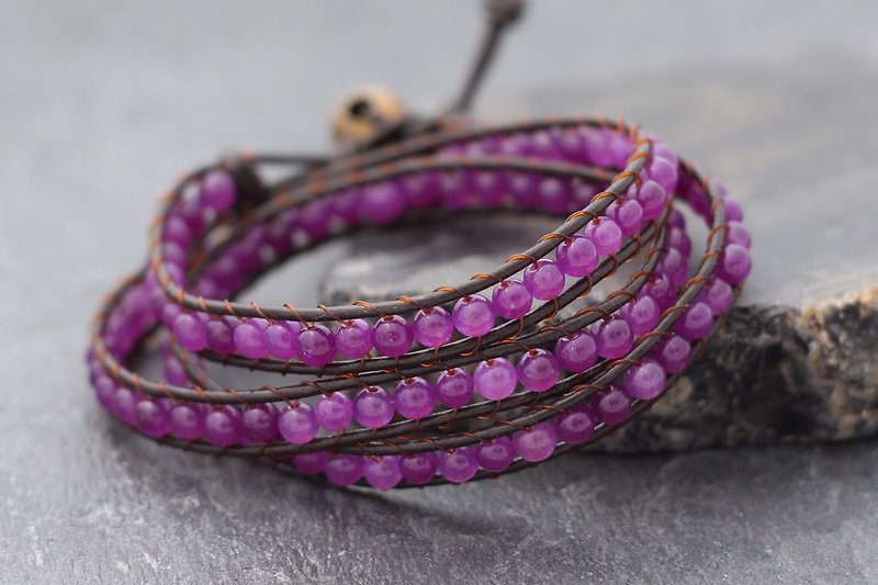 皮革手镯皮革包装棕色紫水晶串珠手链编织的石头时髦 - 手链/手环 - 真皮 紫色