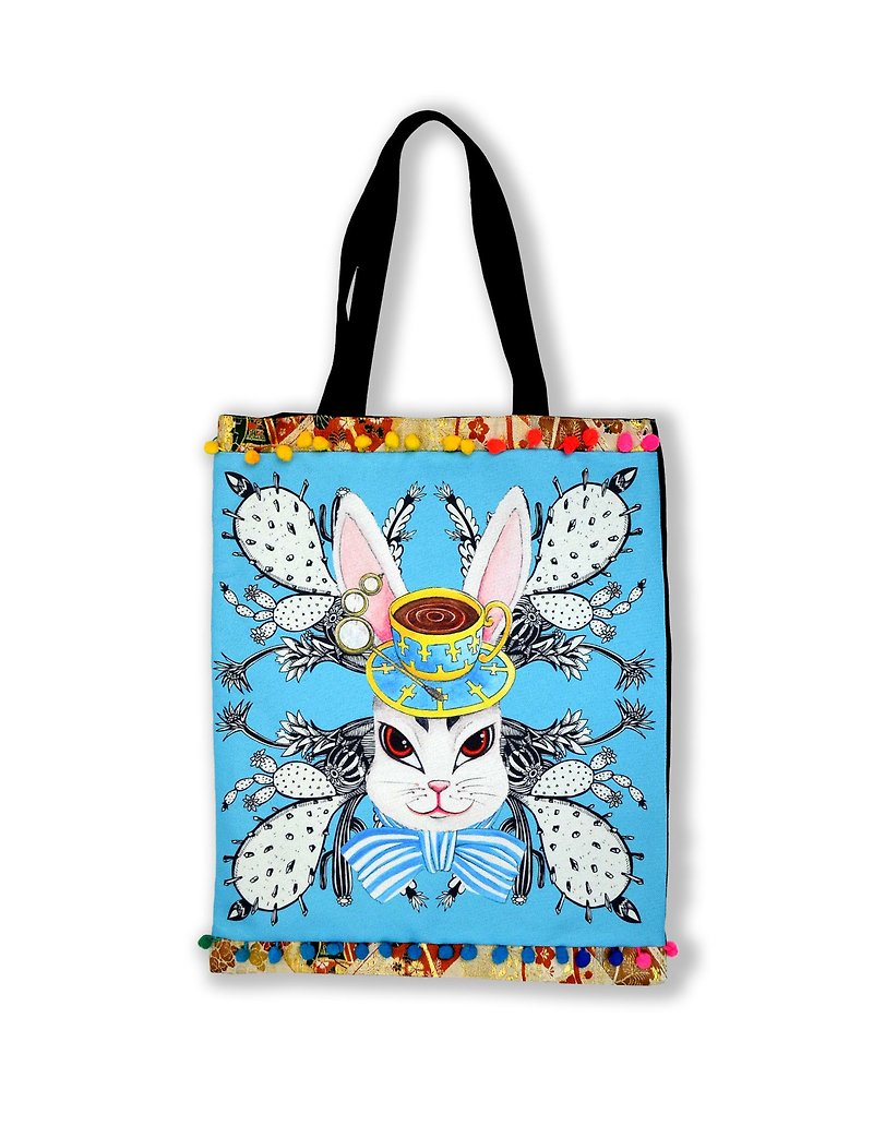 双面购物袋 TOTE BAG 兔子伯爵印花 日本和服织锦缀彩色小球花边 - 侧背包/斜挎包 - 棉．麻 