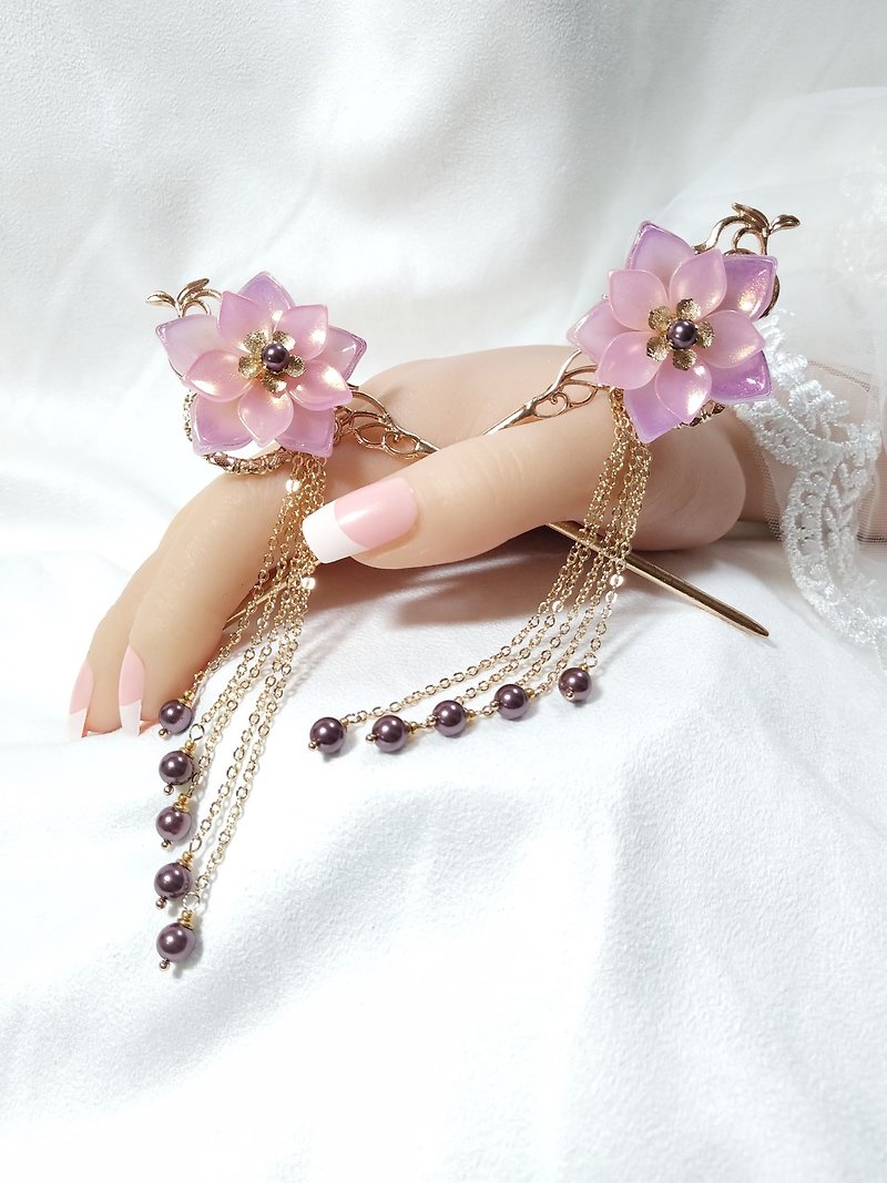 古风琉璃系列【花语】发簪 1对  流苏 粉色 紫色 施华洛世奇 珍珠 - 发饰 - 琉璃 粉红色