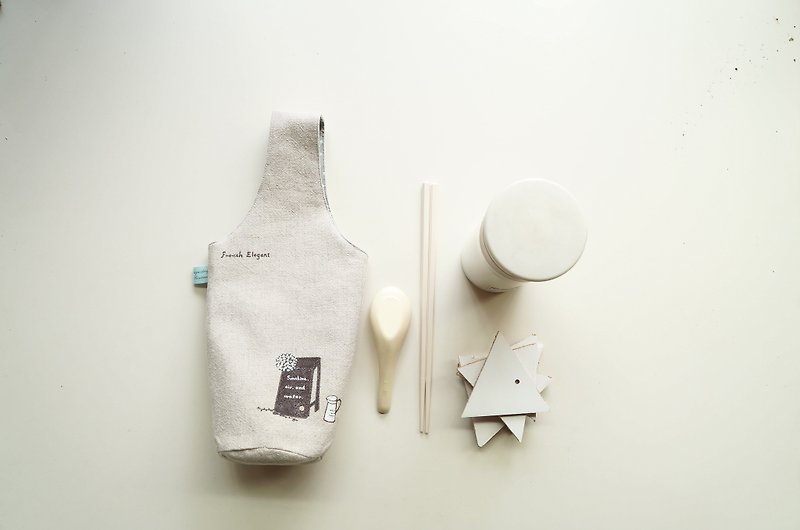 品味法式生活手绘环保饮料杯袋 (商品不含餐具) - 随行杯提袋/水壶袋 - 棉．麻 白色