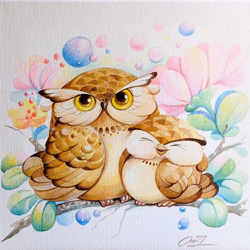 Mother and child owls original painting.acrylic colour. - 墙贴/壁贴 - 其他材质 多色