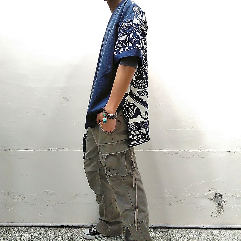 手工蓝染后片印花中性和服外套 台湾包邮 R7G - 男装外套 - 棉．麻 蓝色