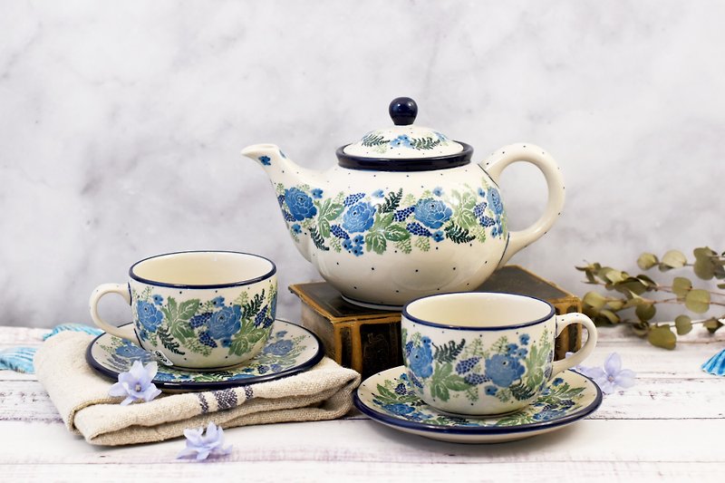 波兰手工陶杯壶组(蓝玫瑰) - 茶具/茶杯 - 陶 