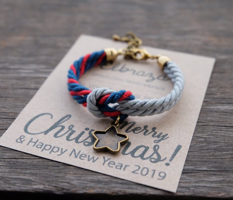 Teal red / matte ash knot rope bracelet with star - Christmas gift - 手链/手环 - 其他材质 多色