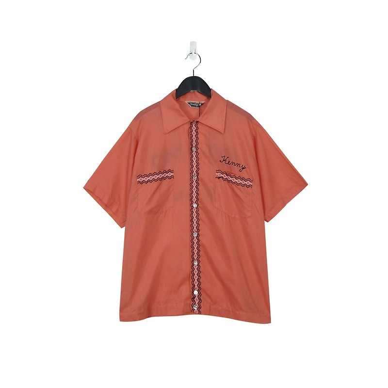 A·PRANK :DOLLY ::复古着VINTAGE橘红色绣字保龄球衬衫(T805096) - 男装衬衫 - 棉．麻 橘色