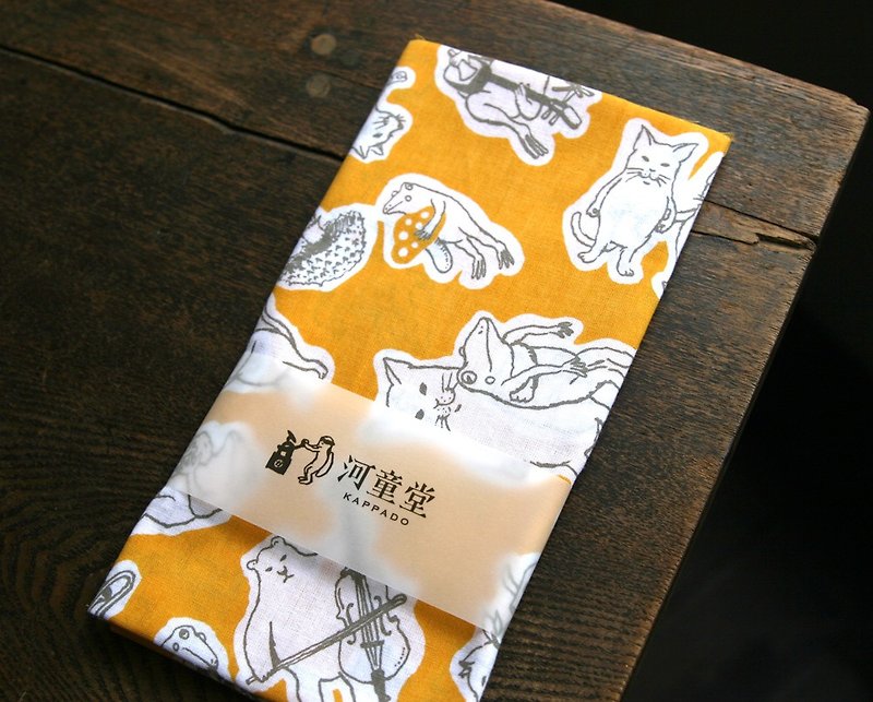 猫とカエルの手ぬぐい　イエロー - 丝巾 - 棉．麻 黄色