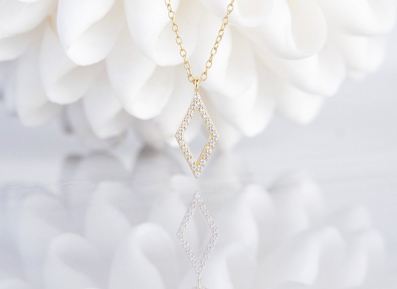 【14KGF】Necklace,Tiny Rhombus CZ - 项链 - 玻璃 金色