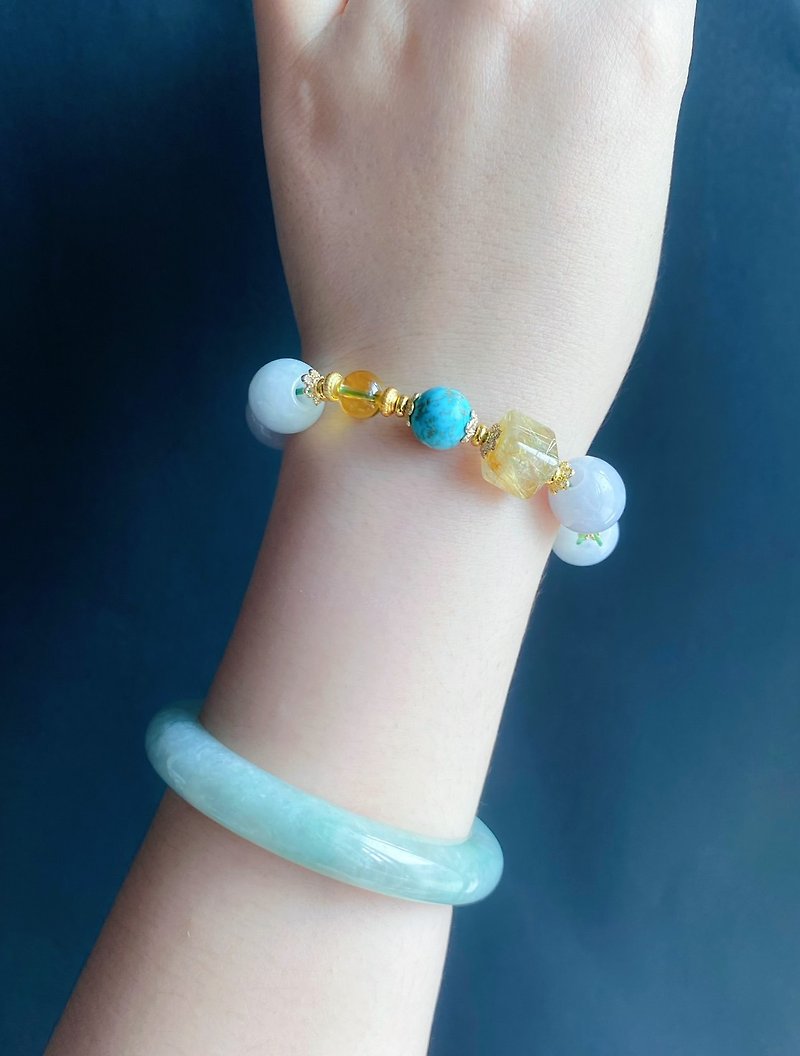 母亲节 天然缅甸玉 翡翠 黄水晶 金钛晶 绿松石 设计款 手链 礼物 - 手链/手环 - 水晶 绿色