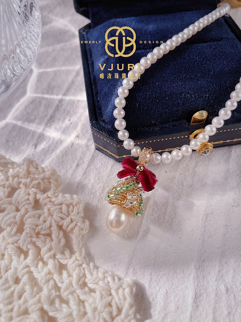 【圣诞限定】圣诞树耳环 耳夹 手工制作 天然淡水珍珠 女 礼物 - 项链 - 珍珠 金色
