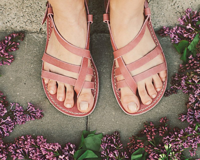 罗马凉鞋、夏季凉鞋、皮革罗马凉鞋、希腊凉鞋、女鞋 - 男女凉鞋 - 真皮 粉红色