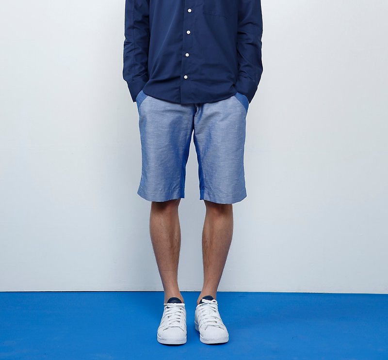 【清爽夏日】深深浅浅的蓝 棉麻五分裤-宝蓝 - 男士短裤 - 其他材质 蓝色
