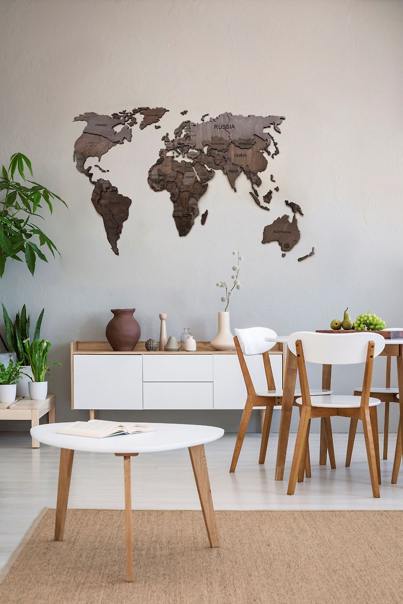 3D 深色木质世界旅行地图 - 适合家庭和办公室的质朴墙壁装饰 - 墙贴/壁贴 - 木头 咖啡色