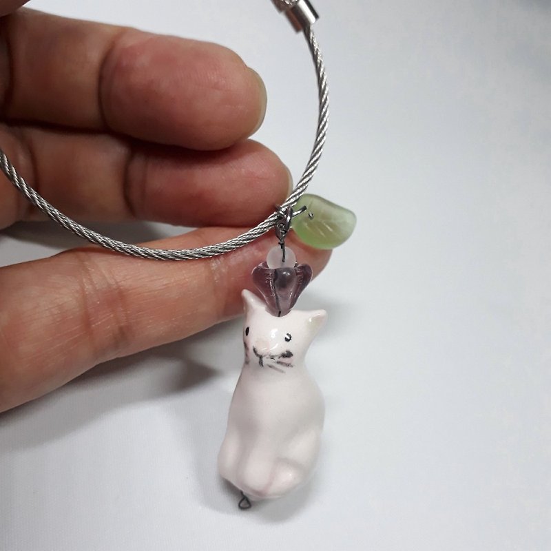 可爱猫钥匙环包饰品陶瓷猫 - 钥匙链/钥匙包 - 瓷 白色
