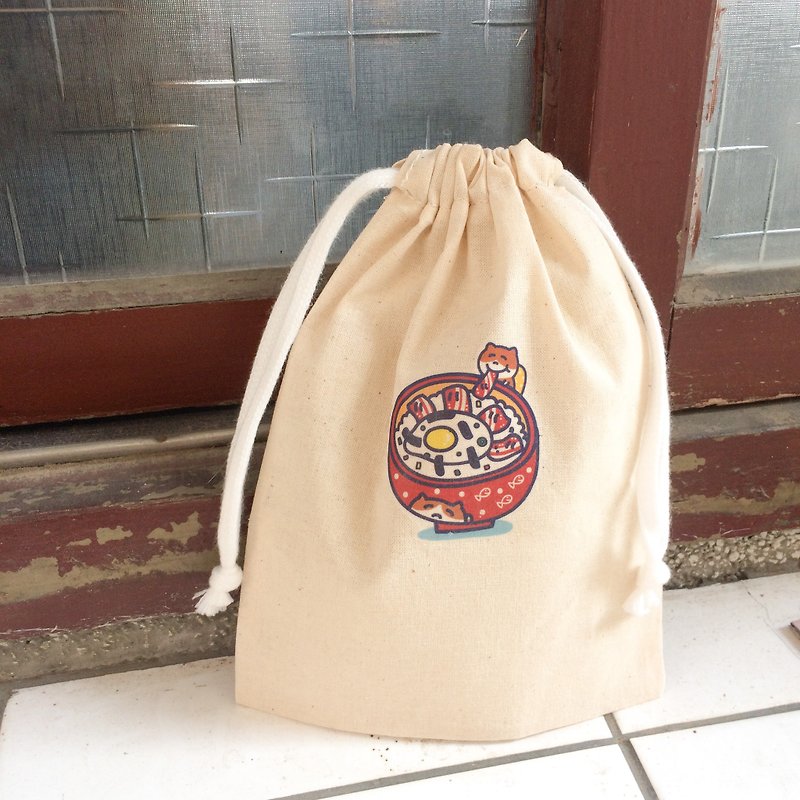井饭猫の日常 猫帆布束口袋 手工印制 Drawstring bag - 化妆包/杂物包 - 棉．麻 