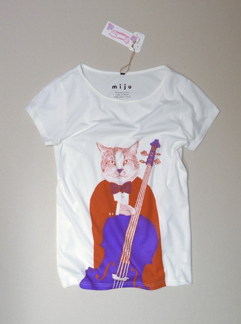 有机棉橘紫猫咪大提琴T-shirt - 女装 T 恤 - 棉．麻 橘色