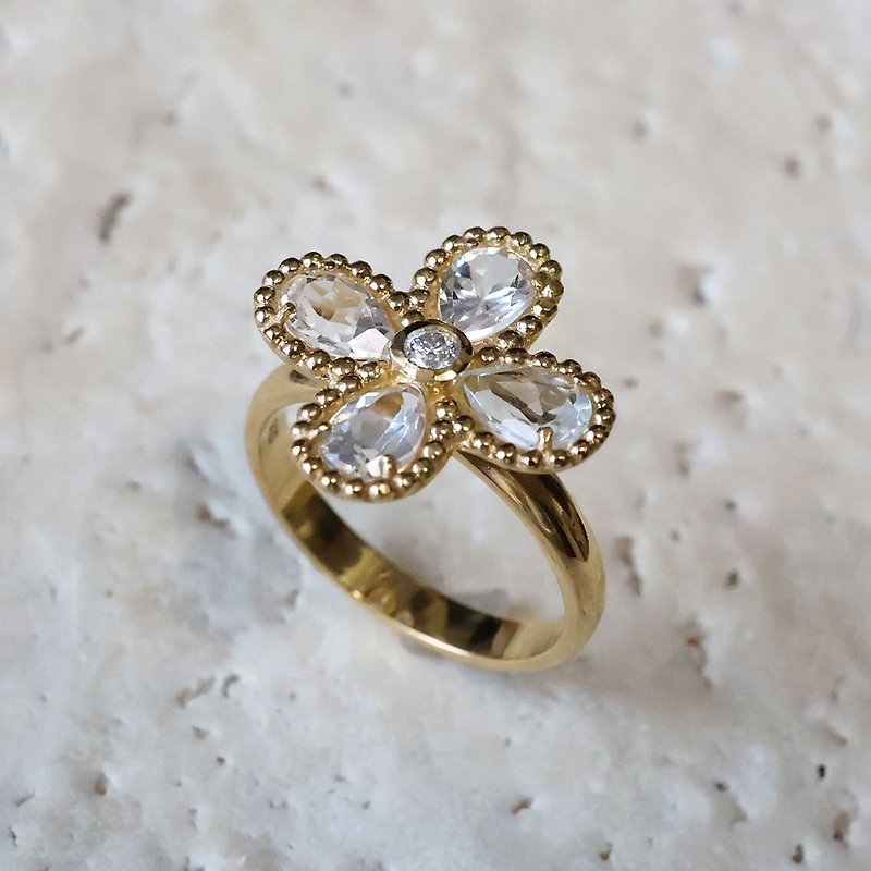 【11号 ( JIS51) 】】Flower Ring  ホワイトトパーズ / モアサナイト - 戒指 - 纯银 金色