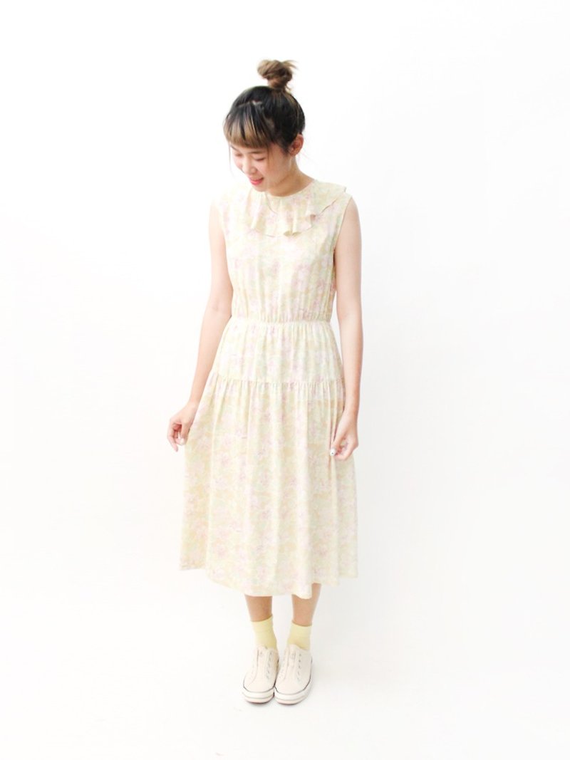 【RE0503D1118】日本制森林系甜美复古花朵无袖鹅黄色春夏古着洋装 - 洋装/连衣裙 - 聚酯纤维 黄色