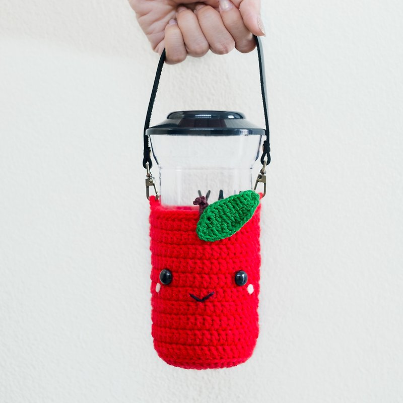 Crochet Beverage Holder, Coffee Cozy with Leather Strap | The Apple. - 随行杯提袋/水壶袋 - 棉．麻 红色