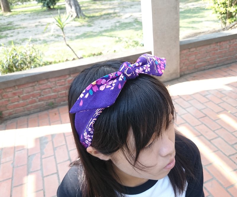 紫底樱花 法国式 绑带型松紧发带 hairband  *SK* - 发饰 - 棉．麻 