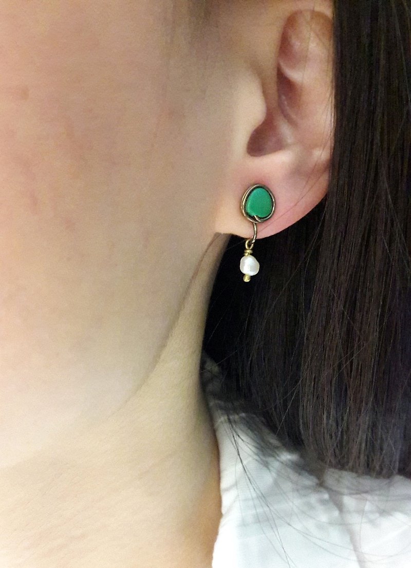 耳环。绿松石*珍珠夹式耳环 - 耳环/耳夹 - 宝石 