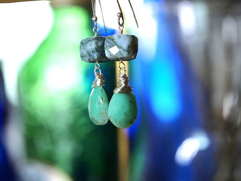 【玛雅塔拉】天然澳洲绿玉髓 苔纹玛瑙耳环  - 耳环/耳夹 - 半宝石 绿色