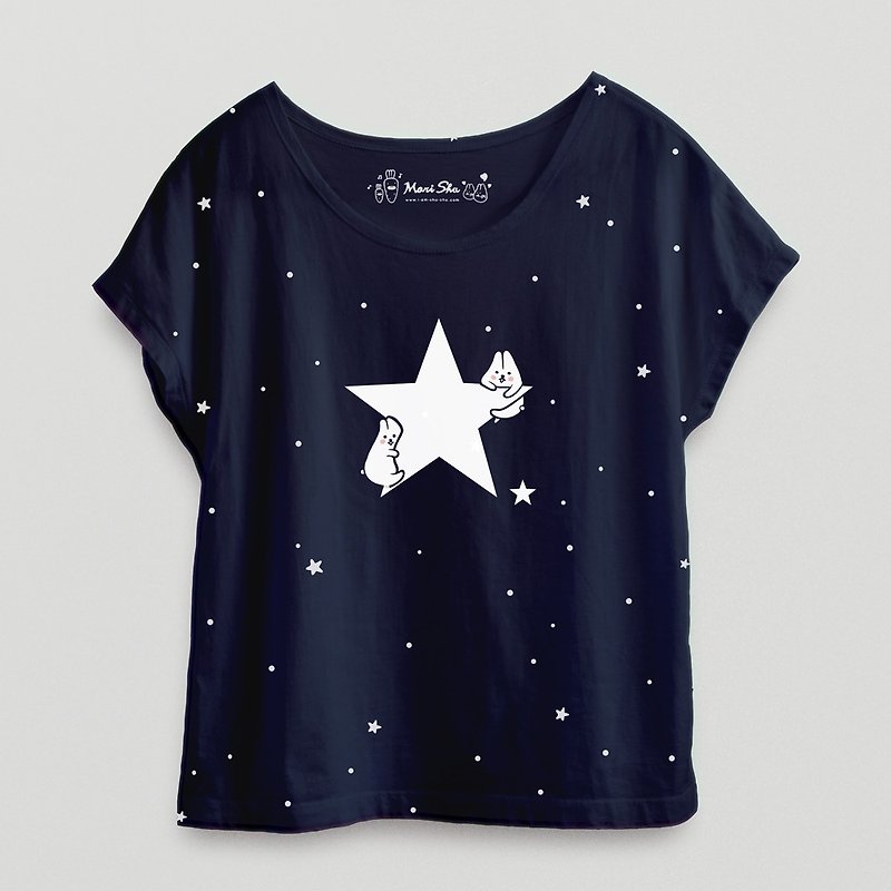 麻糬兔星星T-shirt - 女装短裤 - 棉．麻 蓝色