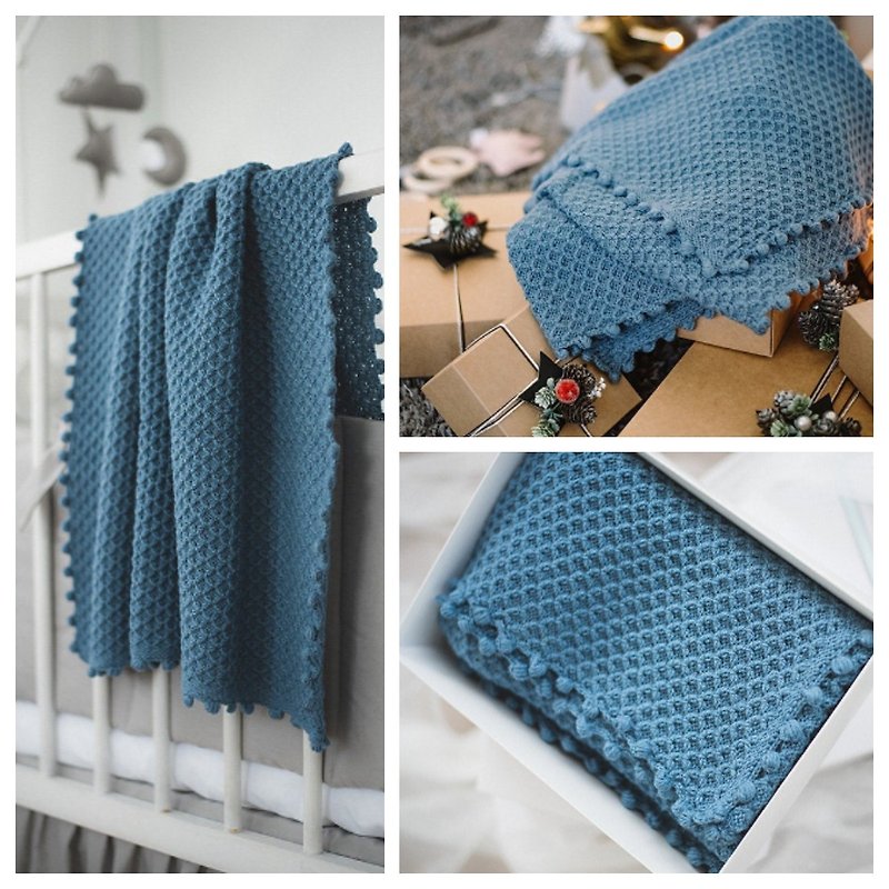 Jeans blue soft knitted woolen blanket - alpaca and sheep wool baby blanket - 婴儿床上用品 - 棉．麻 蓝色