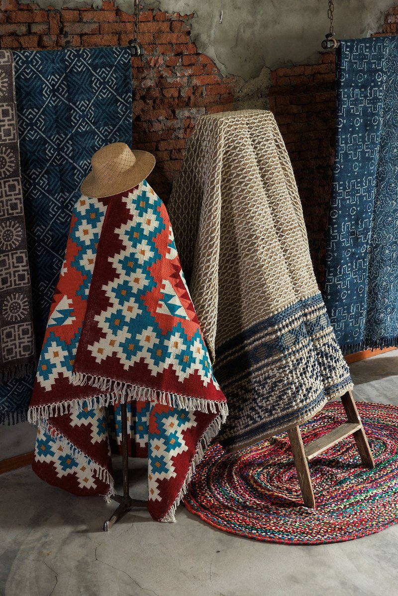 印度手工地毯 - 黄麻 + 羊毛绒 - 地垫/地毯 - 羊毛 蓝色