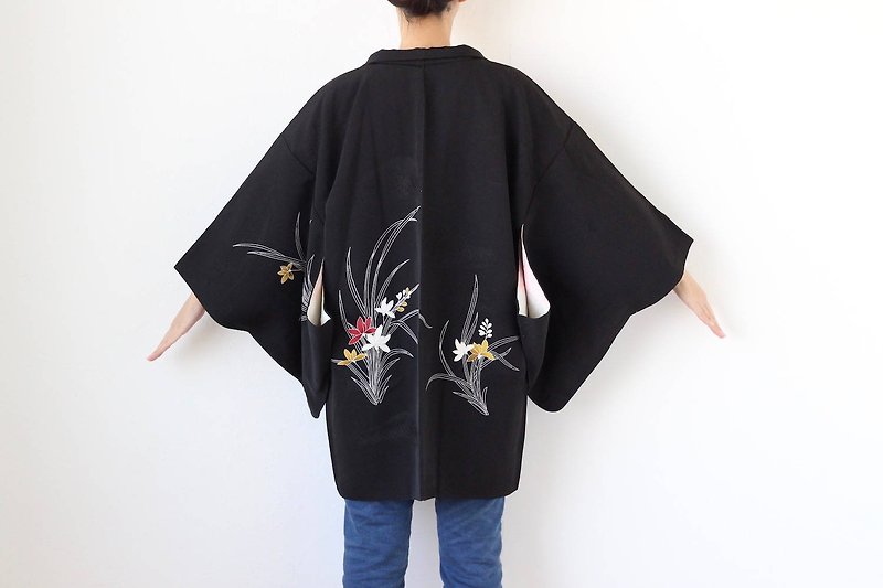 black floral haori, Japanese haori, kimono jacket, short kimono /2905 - 女装休闲/机能外套 - 聚酯纤维 黑色