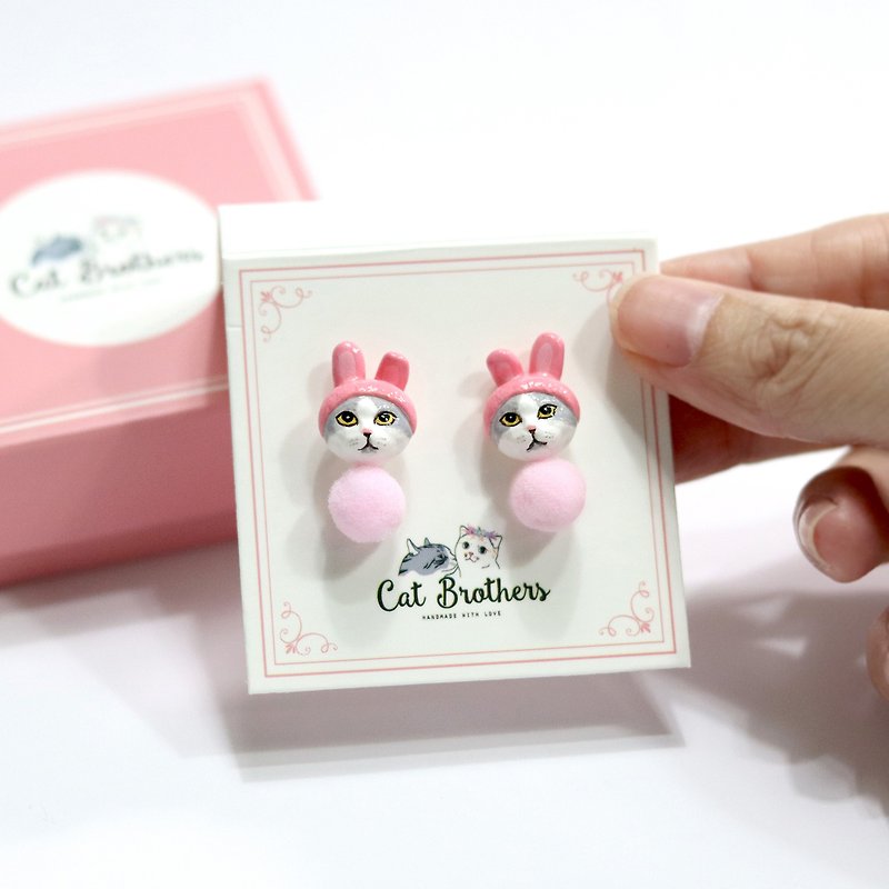 Pink Rabbit Cat Earrings (small), Cat Stud Earrings, Rabbit Earrings - 耳环/耳夹 - 粘土 粉红色