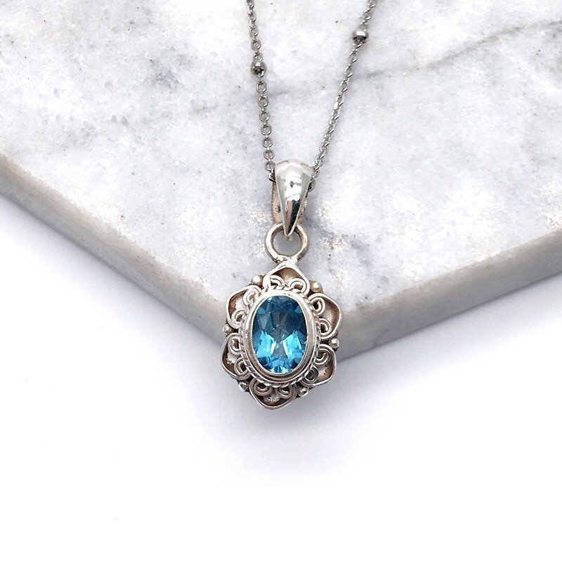 蓝托帕石925纯银花边项链 尼泊尔手工镶嵌制作 - 项链 - 宝石 蓝色