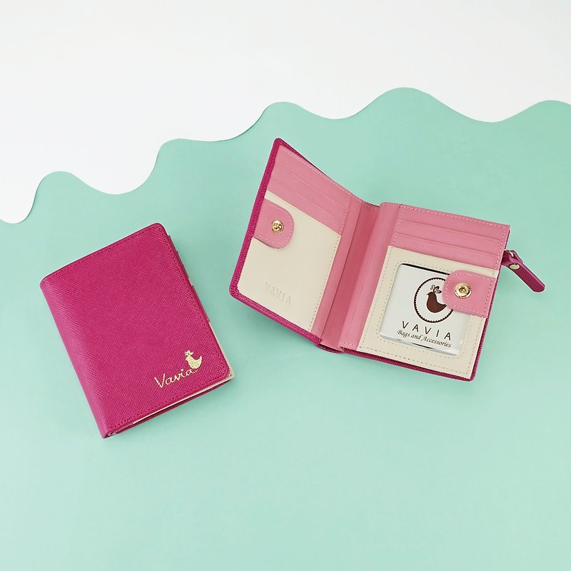 Deep Fuchsia (Pink): Pocket Book Short Wallet / Cow Leather 深粉紅色-錢包-皮革 - 皮夹/钱包 - 真皮 粉红色