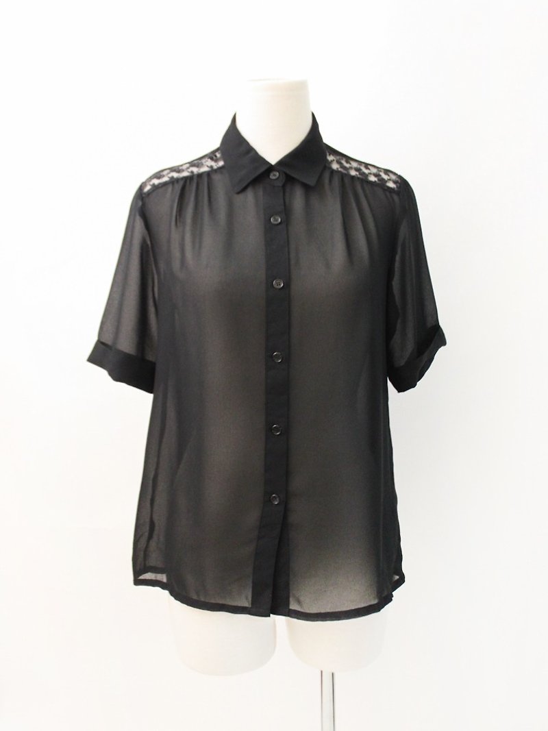 复古日本制蕾丝花朵拼接黑色短袖古着衬衫 Vintage Blouse - 女装衬衫 - 聚酯纤维 黑色