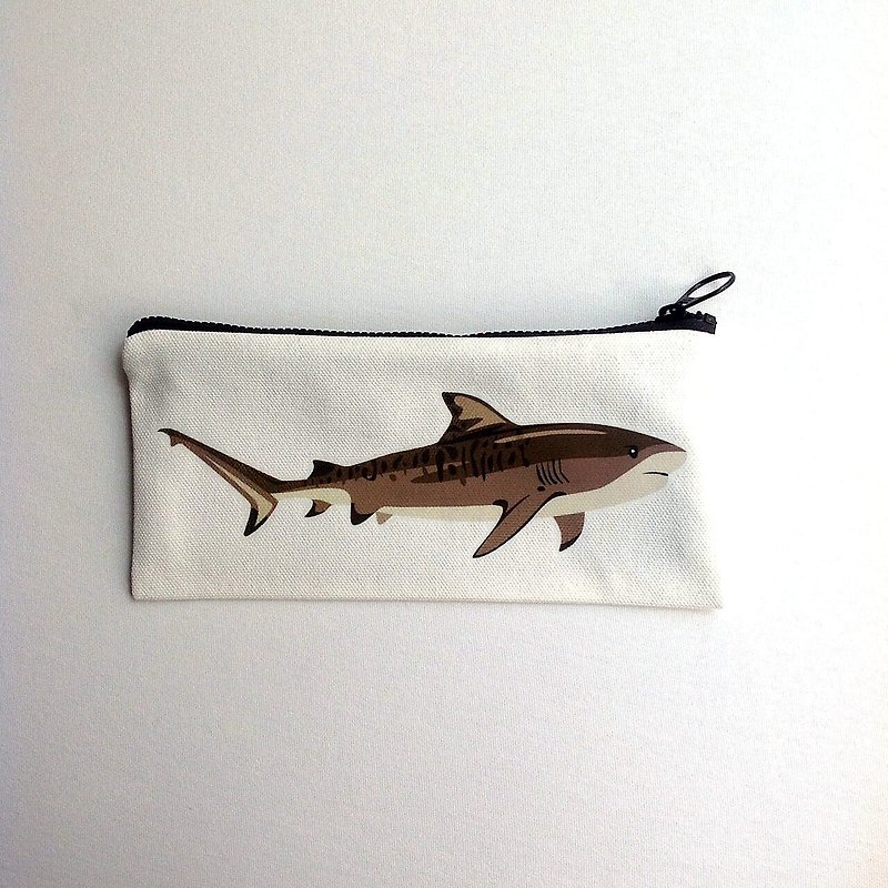 【有机棉系列】手绘海洋生物笔袋#虎鲨 - 铅笔盒/笔袋 - 棉．麻 白色